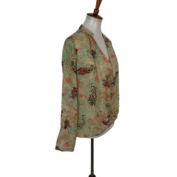 Umgee USA Beige Floral Blouse S Surplice V Neck Long Sleeve Lightweight Boho Top - Picture 3 of 6